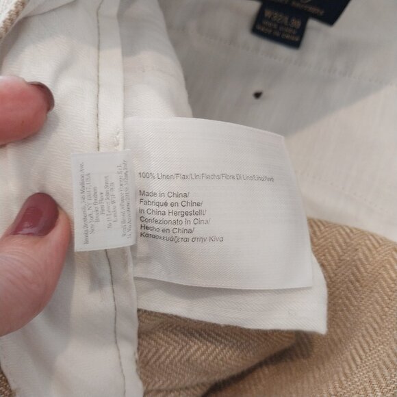 346 Brooks Brothers 100% Linen Pants Men 32x30 Dark Beige Tan Herringbone Cuffed - Picture 12 of 13